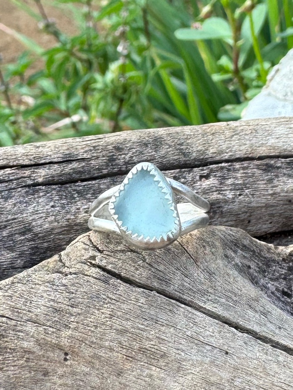 Hand Crafted Silver Ring with Aqua Blue Sea Glass